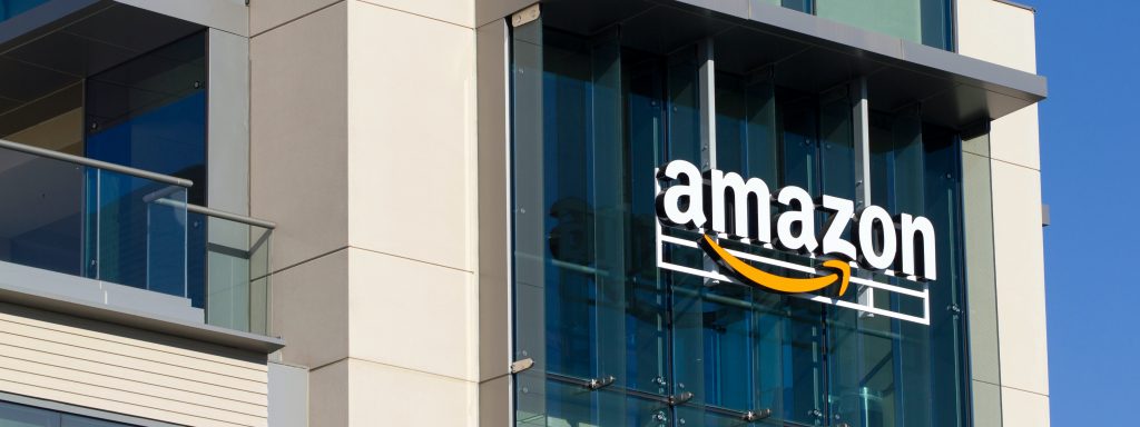 Amazon logo seen at Amazon campus in Palo Alto, California. The Palo Alto location hosts A9 Search, Amazon Web Services, and Amazon Game Studios teams.