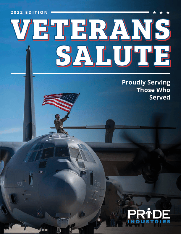 Image of Veterans Salute 2022 cover with soldier on top of plane holding United States Flag and text 2022 Edition Veterans Salute proudly serving those who served