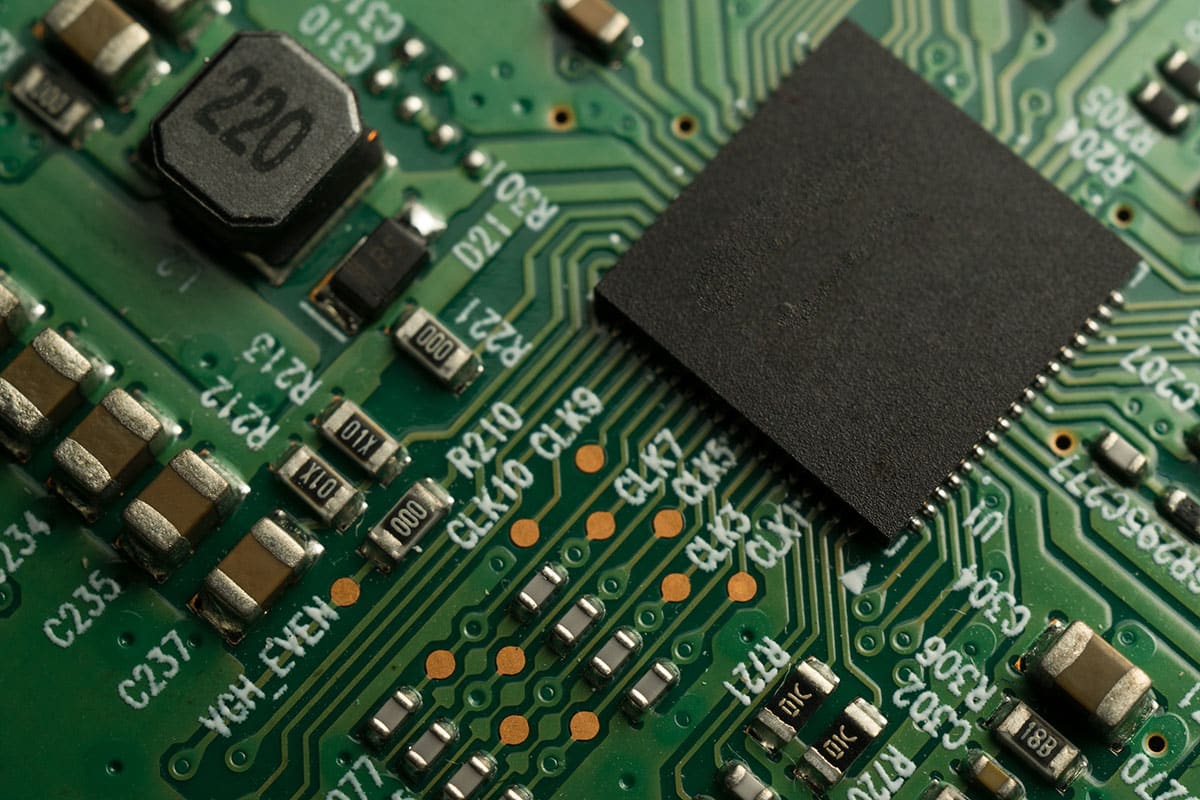 Closeup of an assembled PCB