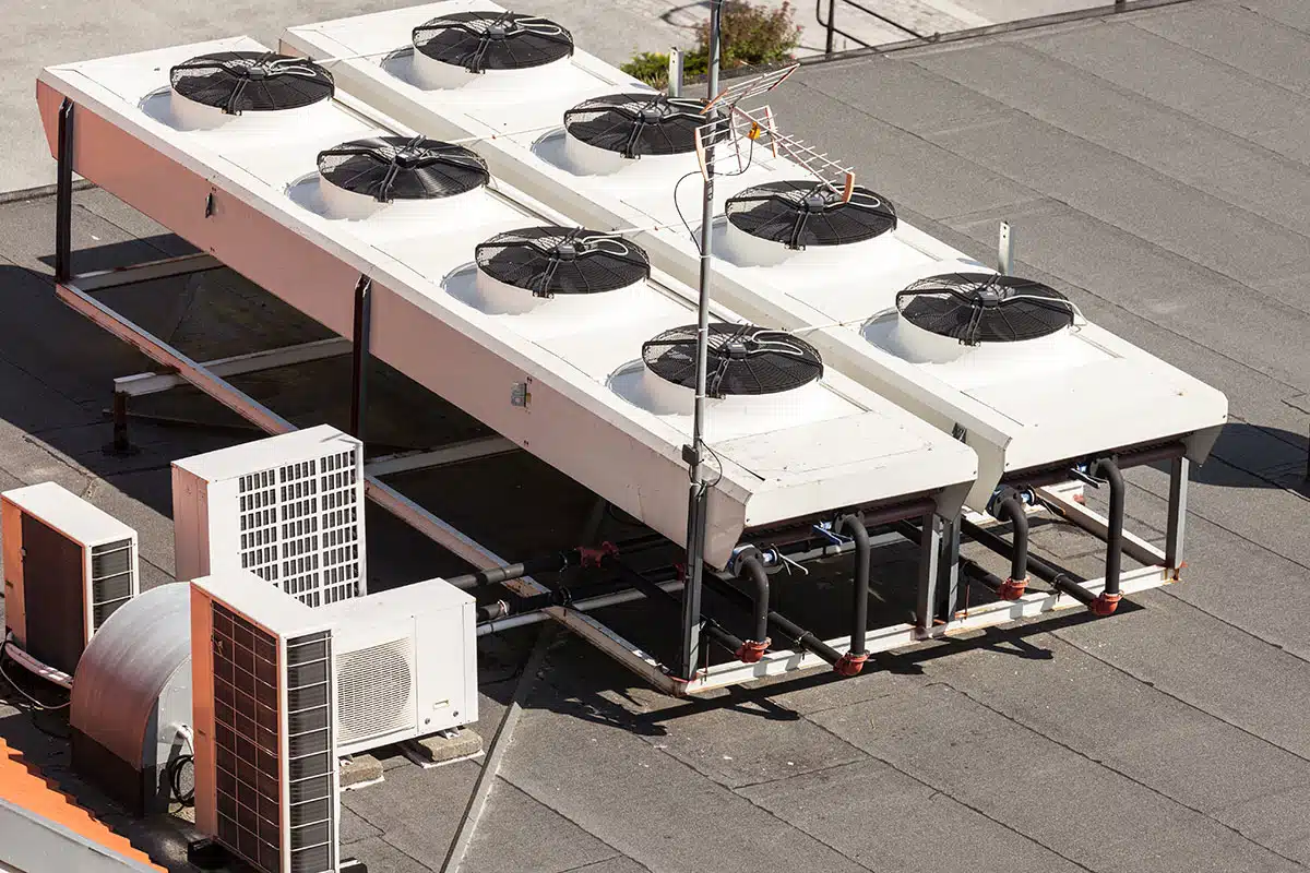 An HVAC cooling tower system mounted on a roof