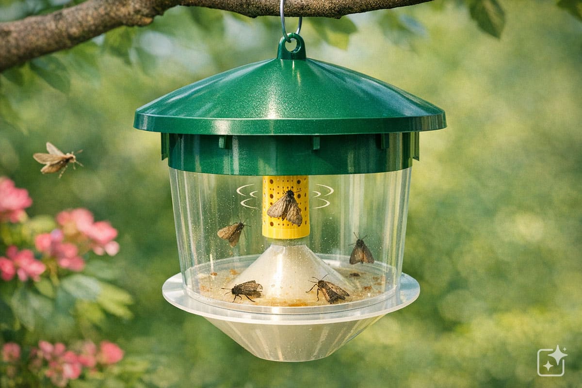 A pheromone-based insect trap hangs from a tree, with six trapped insects visible through the clear plastic of the trap