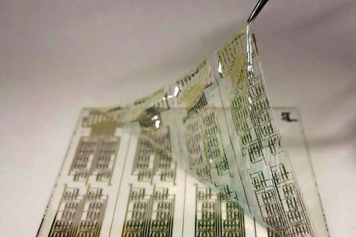 A close-up of a circuit that’s been printed onto a flexible material.