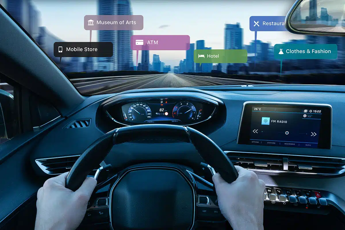 A driver’s view of an augmented reality dashboard, in which information is projected in front of the driver.