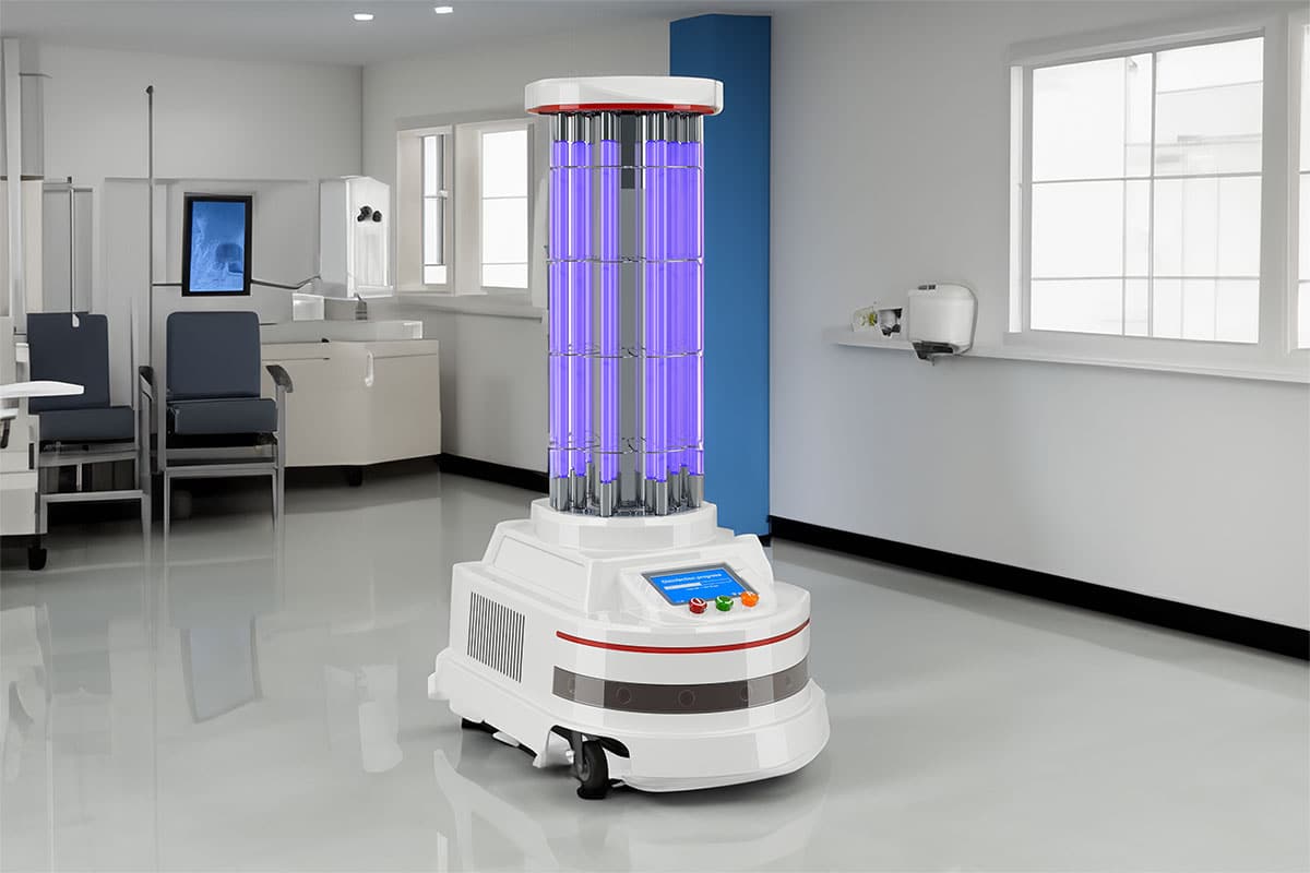A tower-shaped cleaning robot, with long purple bulbs mounted on a rolling base.