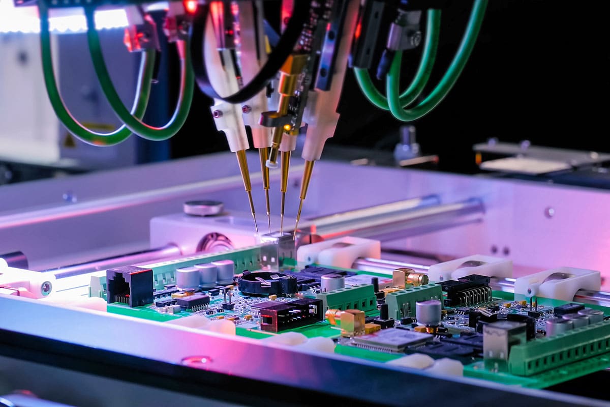 A close-up view of a robotic flying probe hovering over a printed circuit board assembly