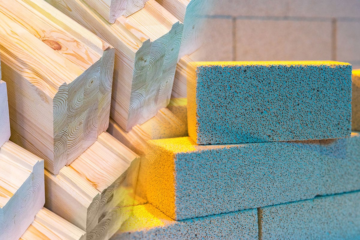 A collage of three different building materials: timber, bricks, and tiles