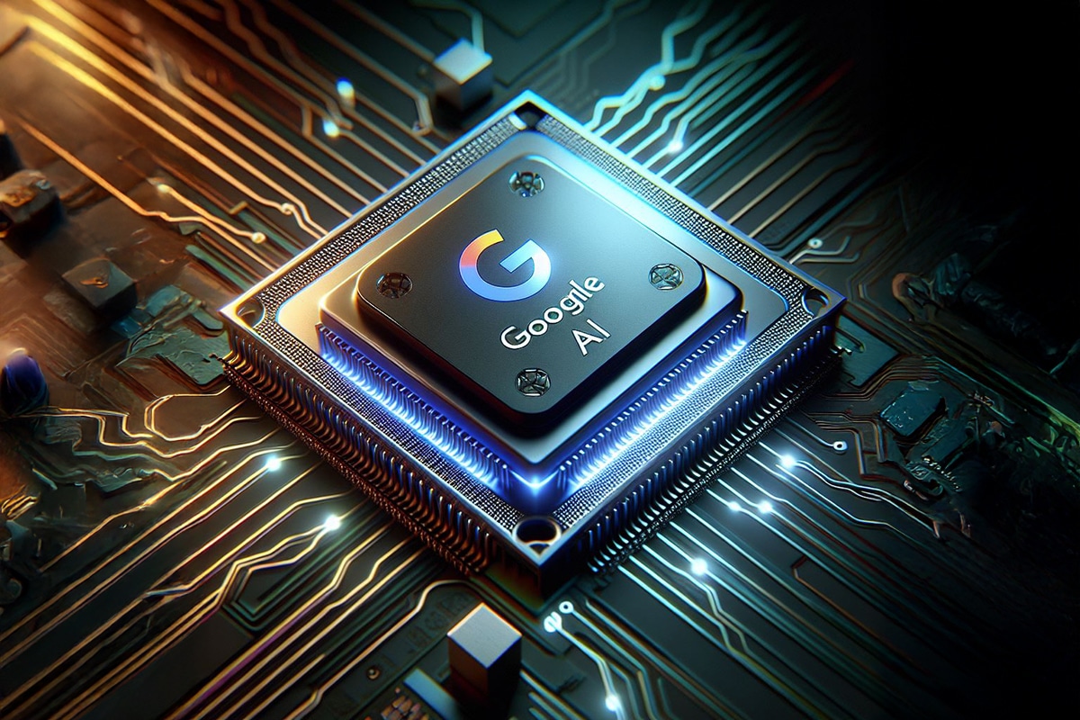 A close-up of Google’s proprietary AI chip on a stylized circuit board