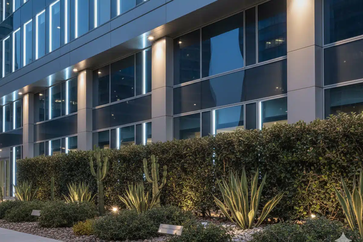 The side of a glass office building with well-trimmed landscaping and lots of exterior lights
