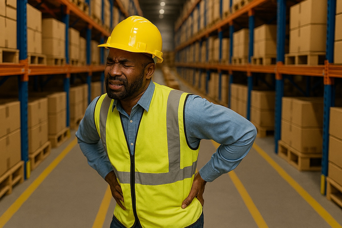 In a warehouse setting, a man wearing a hardhat and a yellow vest grabs his back in pain.