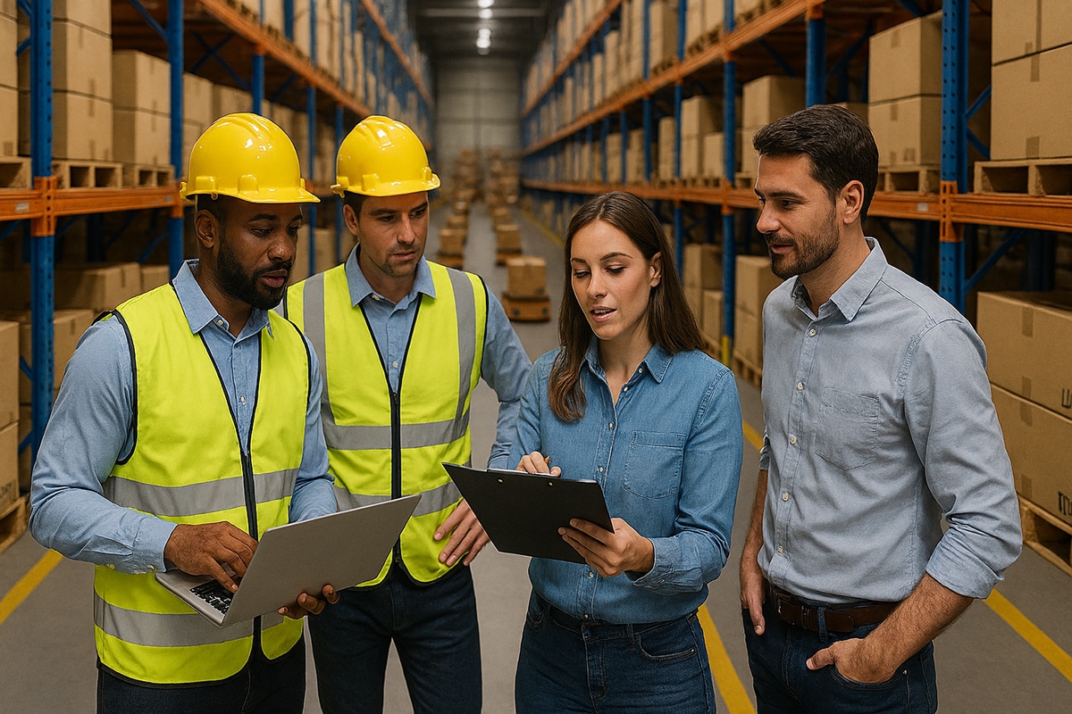 Inside a warehouse, two men in hardhats and vests talk with a woman and a man in plain clothes, while they all look at a clipboard the woman is holding.