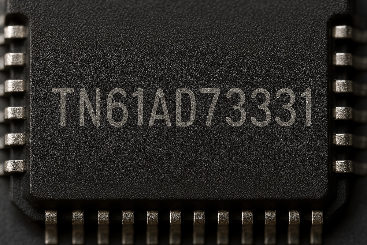 A close-up of the serial number on an electronics component.