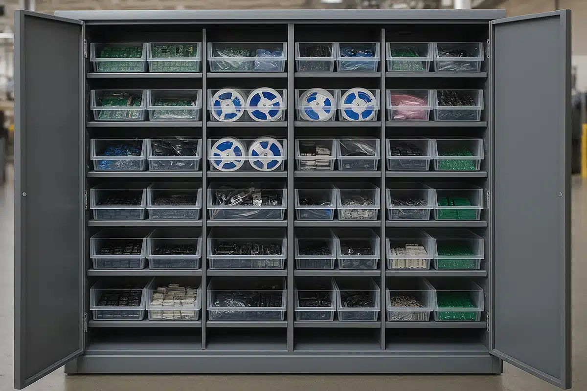 A large, open metal cabinet with rows of bins holding electronics components.