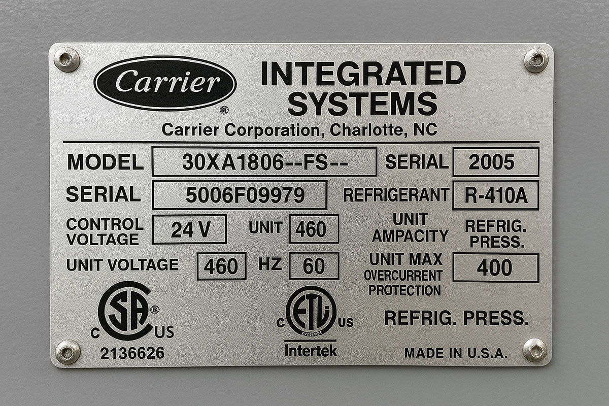 A close-up view of a data plate for a component of a Carrier HVAC system