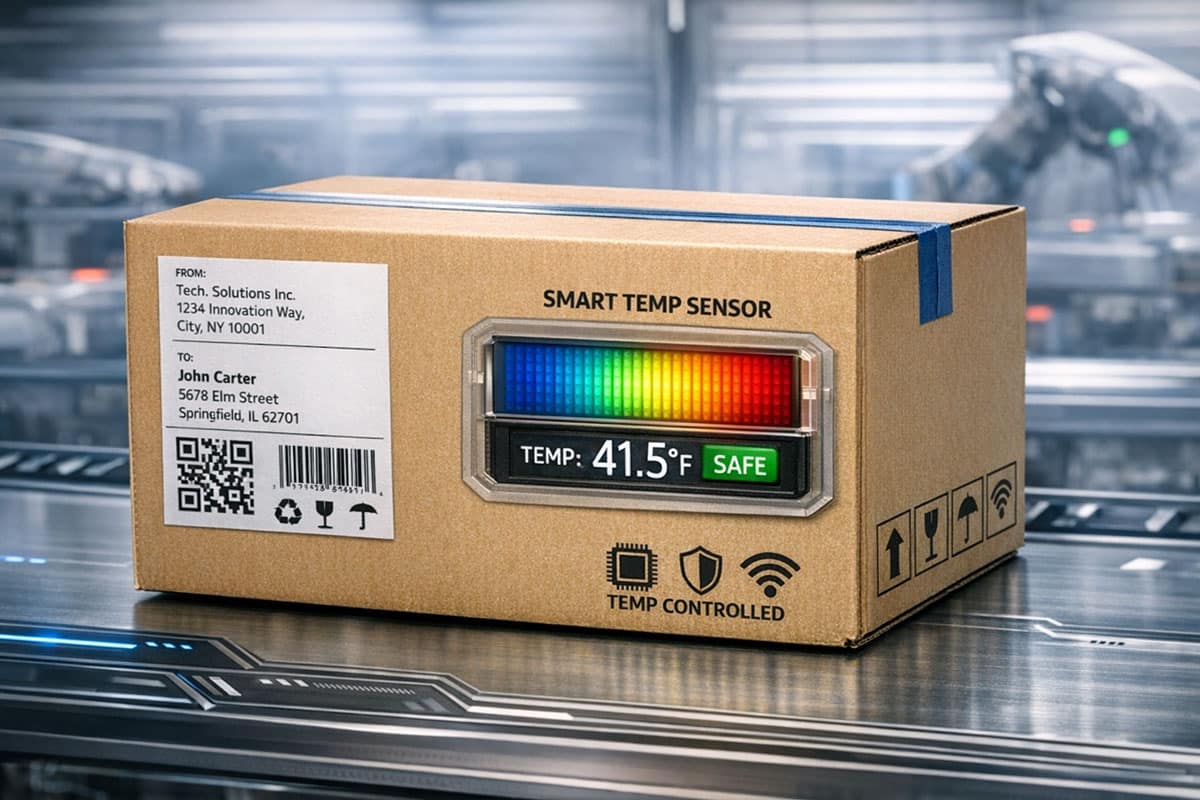 A cardboard package with an exterior temperature sensor attached to it is one example of smart packaging.
